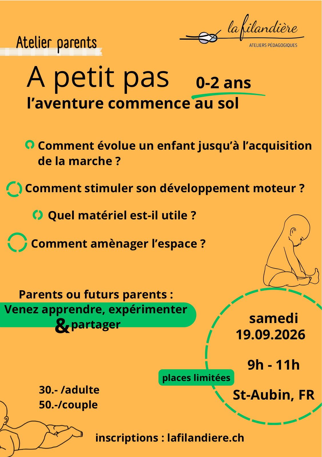 Flyer de l’atelier parents À petit pas, l’aventure commence au sol, le 19 septembre 2026